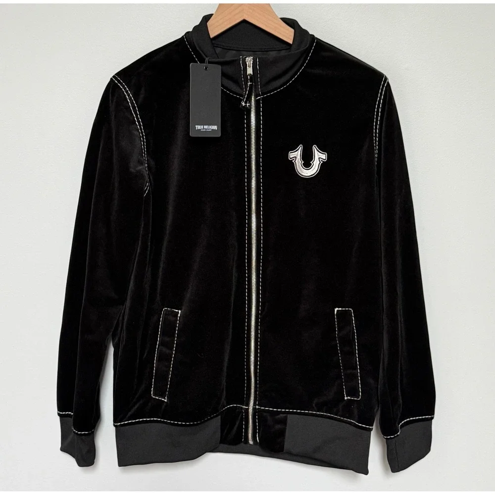 True Religion Mens Big T Velvet Mock Zip Up Jacket Jet Black Size XS‎ New